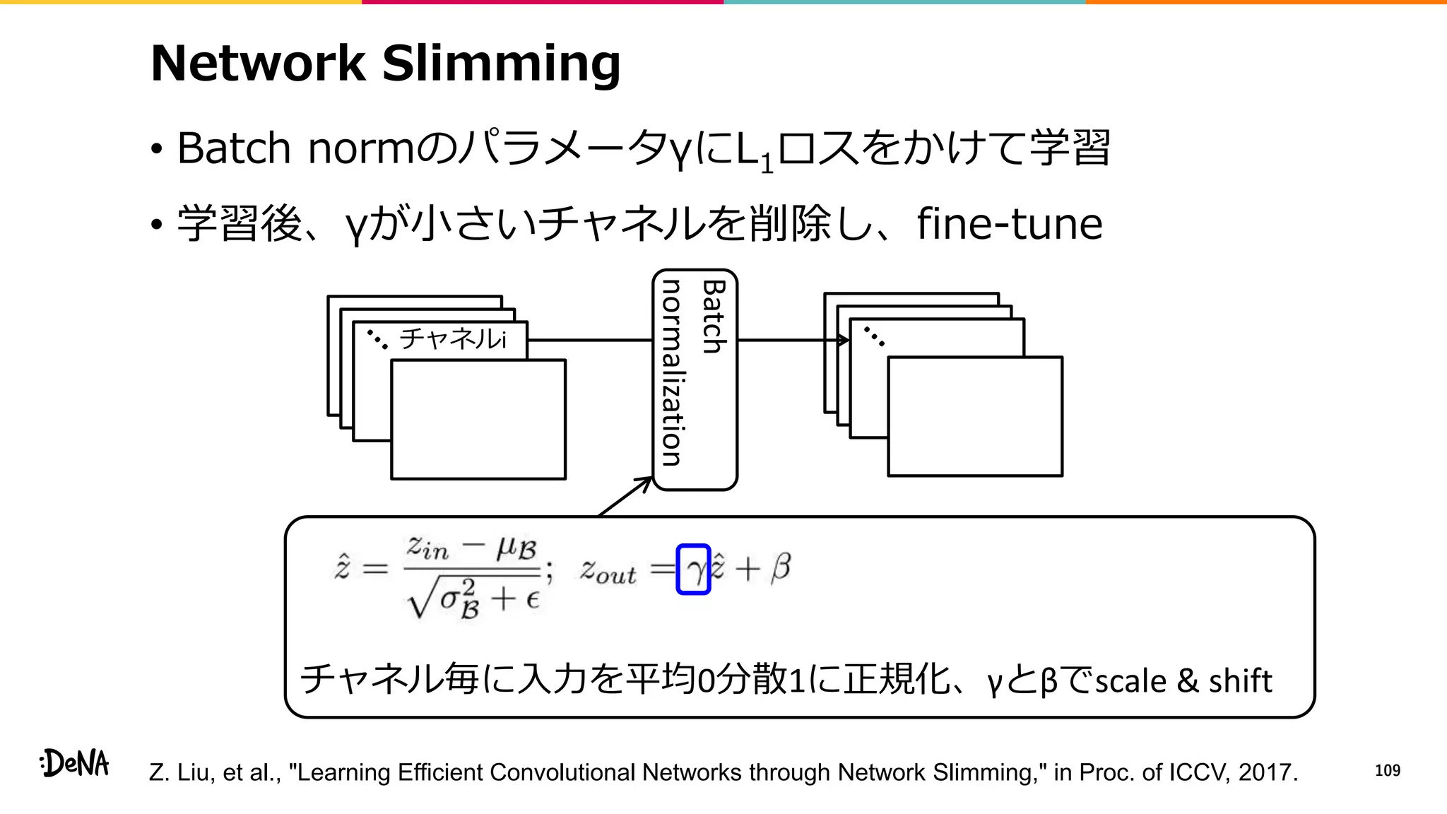 Network Slimming
• Batch normのパラメータγにL1ロスをかけて学習
• 学習後、γが小さいチャネルを削除し、fine-tune
109
チャネル毎に入力を平均0分散1に正規化、γとβでscale & shift
チャネルi
Batch
normalization
Z. Liu, et al., "Learning Efficient Convolutional Networks through Network Slimming," in Proc. of ICCV, 2017.
 