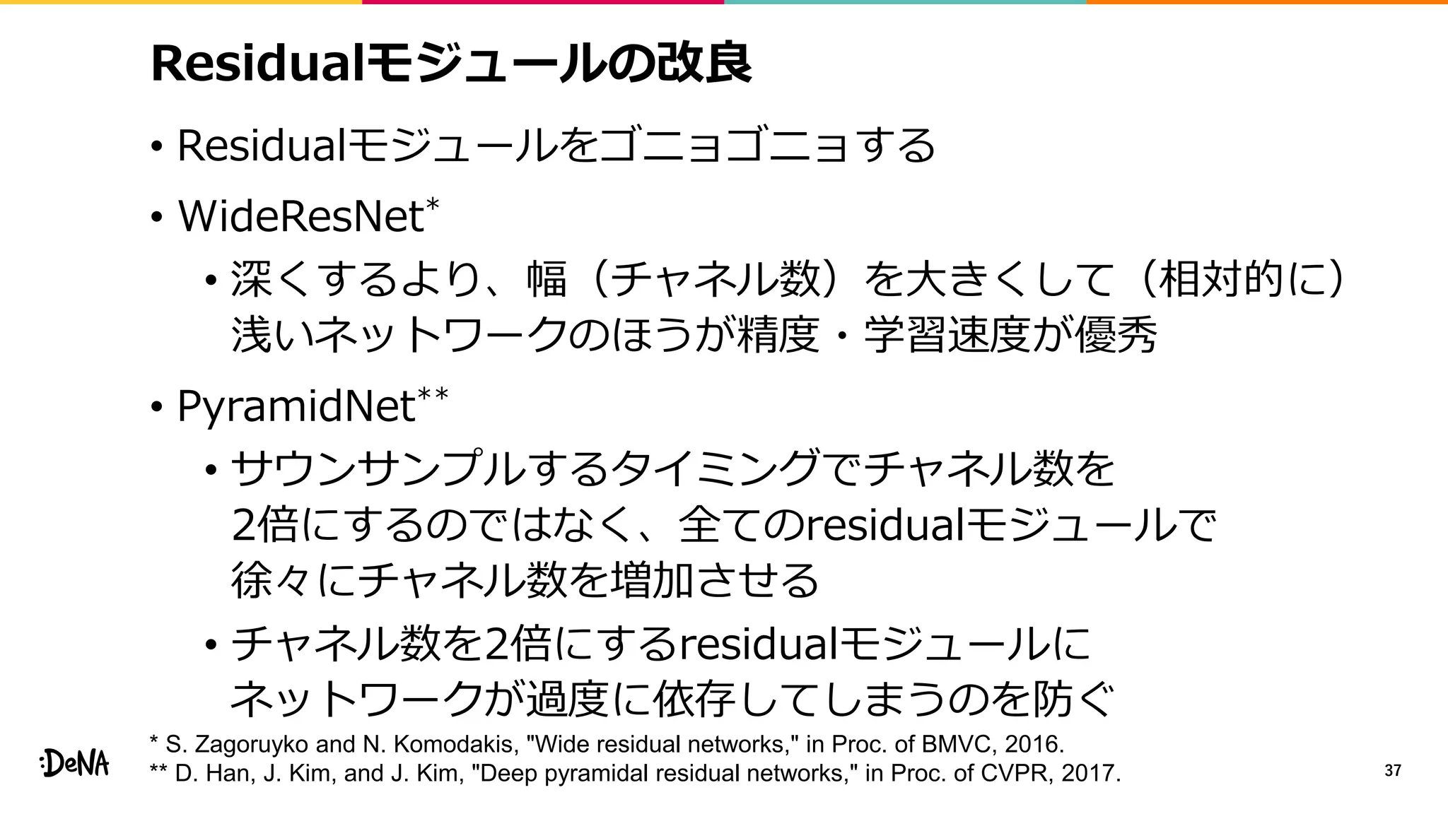 Residualモジュールの改良
• Residualモジュールをゴニョゴニョする
• WideResNet*
• 深くするより、幅（チャネル数）を大きくして（相対的に）
浅いネットワークのほうが精度・学習速度が優秀
• PyramidNet**
• サウンサンプルするタイミングでチャネル数を
2倍にするのではなく、全てのresidualモジュールで
徐々にチャネル数を増加させる
• チャネル数を2倍にするresidualモジュールに
ネットワークが過度に依存してしまうのを防ぐ
37
* S. Zagoruyko and N. Komodakis, "Wide residual networks," in Proc. of BMVC, 2016.
** D. Han, J. Kim, and J. Kim, "Deep pyramidal residual networks," in Proc. of CVPR, 2017.
 
