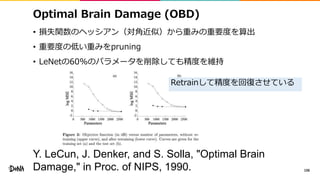 Optimal Brain Damage (OBD)
• 損失関数のヘッシアン（対角近似）から重みの重要度を算出
• 重要度の低い重みをpruning
• LeNetの60%のパラメータを削除しても精度を維持
106
Y. LeCun, J. ...
