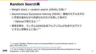 Random Search系
• Weight share + random search (ASHA) が良い*
• Asynchronous Successive Halving (ASHA)：複数のモデルを平行
に学習を進めながら有望なものだけを残して枝刈り
• Optunaで使えるよ！**
• 探索空間を、ランダムなDAG生成アルゴリズムが生成するグラフ
にすると想像以上に良い***
73
* L. Li and A. Talwalkar, "Random search and reproducibility for neural architecture search," in
arXiv:1902.07638, 2019.
** https://www.slideshare.net/shotarosano5/automl-in-neurips-2018
*** S. Xie, A. Kirillov, R. Girshick, and K. He, "Exploring Randomly Wired Neural Networks for Image
Recognition," in arXiv:1904.01569, 2019.
 
