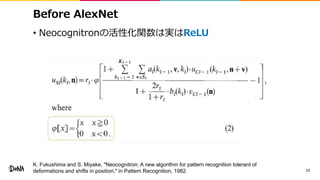 Before AlexNet
• Neocognitronの活性化関数は実はReLU
13
K. Fukushima and S. Miyake, "Neocognitron: A new algorithm for pattern recognition tolerant of
deformations and shifts in position," in Pattern Recognition, 1982.
 