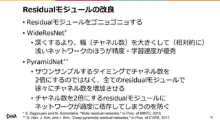 Residualモジュールの改良
• Residualモジュールをゴニョゴニョする
• WideResNet*
• 深くするより、幅（チャネル数）を大きくして（相対的に）
浅いネットワークのほうが精度・学習速度が優秀
• PyramidNet**
• サウンサンプルするタイミングでチャネル数を
2倍にするのではなく、全てのresidualモジュールで
徐々にチャネル数を増加させる
• チャネル数を2倍にするresidualモジュールに
ネットワークが過度に依存してしまうのを防ぐ
37
* S. Zagoruyko and N. Komodakis, "Wide residual networks," in Proc. of BMVC, 2016.
** D. Han, J. Kim, and J. Kim, "Deep pyramidal residual networks," in Proc. of CVPR, 2017.
 