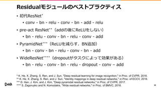 Residualモジュールのベストプラクティス
• 初代ResNet*
• conv - bn - relu - conv - bn - add - relu
• pre-act ResNet**（addの後にReLUをしない）
• bn - relu - conv - bn - relu - conv - add
• PyramidNet***（ReLUを減らす、BN追加）
• bn - conv - bn - relu - conv - bn - add
• WideResNet****（dropoutがタスクによって効果がある）
• bn - relu - conv - bn - relu - dropout - conv – add
38
* K. He, X. Zhang, S. Ren, and J. Sun, "Deep residual learning for image recognition," in Proc. of CVPR, 2016.
** K. He, X. Zhang, S. Ren, and J. Sun, "Identity mappings in deep residual networks," in Proc. of ECCV, 2016.
*** D. Han, J. Kim, and J. Kim, "Deep pyramidal residual networks," in Proc. of CVPR, 2017.
**** S. Zagoruyko and N. Komodakis, "Wide residual networks," in Proc. of BMVC, 2016.
 
