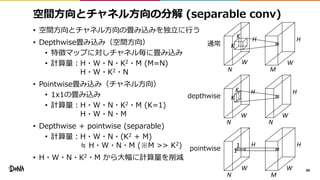 空間方向とチャネル方向の分解 (separable conv)
• 空間方向とチャネル方向の畳み込みを独立に行う
• Depthwise畳み込み（空間方向）
• 特徴マップに対しチャネル毎に畳み込み
• 計算量：H・W・N・K2・M (M=N)
H・W・K2・N
• Pointwise畳み込み（チャネル方向）
• 1x1の畳み込み
• 計算量：H・W・N・K2・M (K=1)
H・W・N・M
• Depthwise + pointwise (separable)
• 計算量：H・W・N・(K2 + M)
≒ H・W・N・M (※M >> K2)
• H・W・N・K2・M から大幅に計算量を削減
88W
H
W
H
N
1
1
M
W
H
W
H
N
K
K
N
W
H
W
H
N M
K
K通常
depthwise
pointwise
 