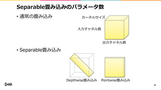 Separable畳み込みのパラメータ数
• 通常の畳み込み
• Separable畳み込み
90
入力チャネル数
出力チャネル数
カーネルサイズ
Depthwise畳み込み Pointwise畳み込み
 
