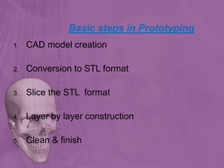 Basic steps in Prototyping
1. CAD model creation
2. Conversion to STL format
3. Slice the STL format
4. Layer by layer construction
5. Clean & finish
 