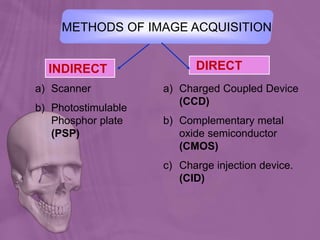 INDIRECT DIRECT
a) Scanner
b) Photostimulable
Phosphor plate
(PSP)
a) Charged Coupled Device
(CCD)
b) Complementary metal
oxide semiconductor
(CMOS)
c) Charge injection device.
(CID)
METHODS OF IMAGE ACQUISITION
 