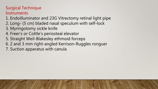 Surgical Technique
Instruments
1. Endoilluminator and 23G Vitrectomy retinal light pipe
2. Long- (5 cm) bladed nasal speculum with self-lock
3. Myringotomy sickle knife
4. Freer’s or Cottle’s periosteal elevator
5. Straight Weil-Blakesley ethmoid forceps
6. 2 and 3 mm right-angled Kerrison-Ruggles ronguer
7. Suction apparatus with canula
 