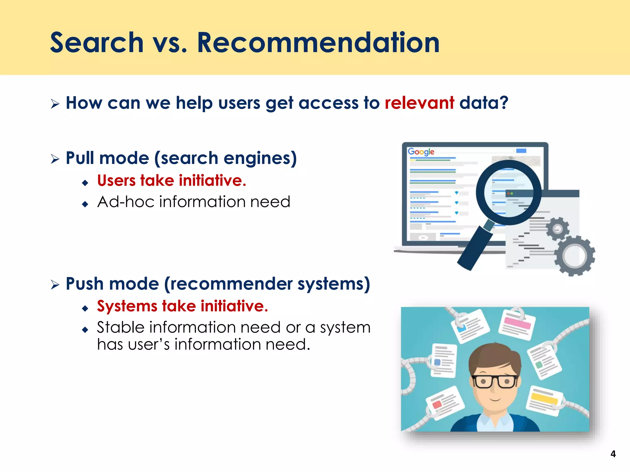 Search vs. Recommendation
 How can we help users get access to relevant data?
 Pull mode (search engines)
 Users take initiative.
 Ad-hoc information need
 Push mode (recommender systems)
 Systems take initiative.
 Stable information need or a system
has user’s information need.
4
 