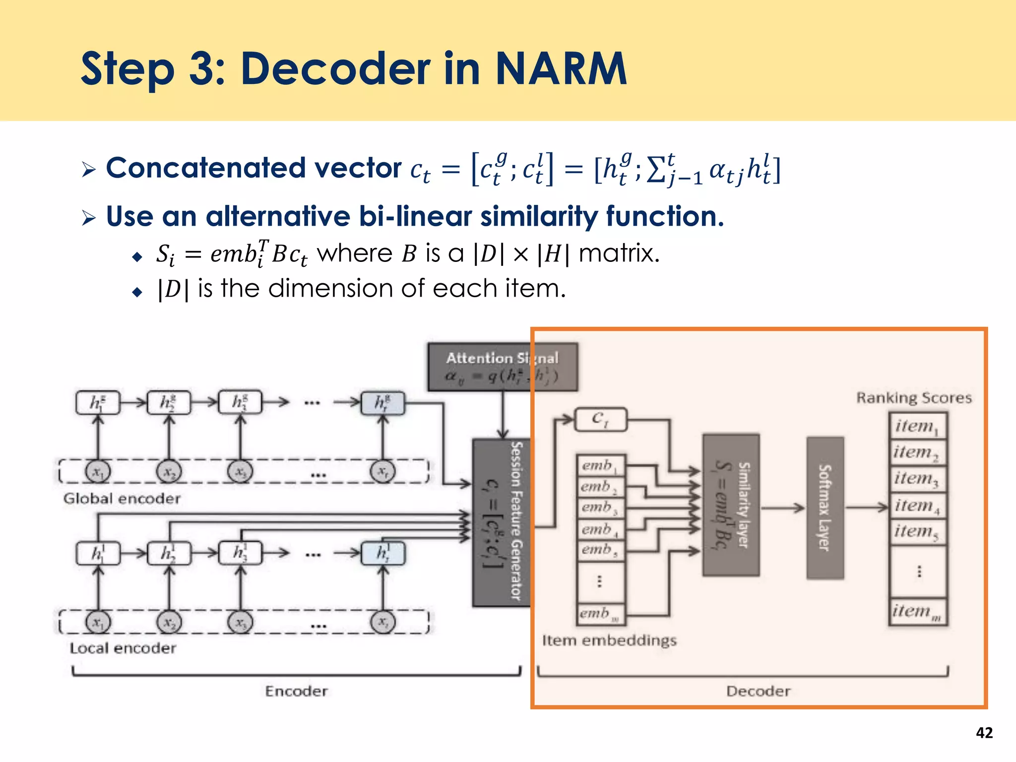 Step 3: Decoder in NARM
 Concatenated vector 𝑐𝑡 = 𝑐𝑡
𝑔
; 𝑐𝑡
𝑙
= [ℎ 𝑡
𝑔
; σ 𝑗−1
𝑡
𝛼 𝑡𝑗ℎ 𝑡
𝑙
]
 Use an alternative bi-linear similarity function.
 𝑆𝑖 = 𝑒𝑚𝑏𝑖
𝑇
𝐵𝑐𝑡 where 𝐵 is a 𝐷 × |𝐻| matrix.
 |𝐷| is the dimension of each item.
42
 