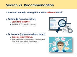 Search vs. Recommendation
 How can we help users get access to relevant data?
 Pull mode (search engines)
 Users take initiative.
 Ad-hoc information need
 Push mode (recommender systems)
 Systems take initiative.
 Stable information need or a system
has user’s information need.
4
 