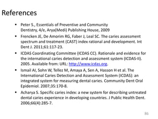 References
 Peter S., Essentials of Preventive and Community
Dentistry, 4/e, Arya(Medi) Publishing House, 2009
 Frencken JE, De Amorim RG, Faber J, Leal SC. The caries assessment
spectrum and treatment (CAST) index rational and development. Int
Dent J. 2011;61:117-23.
 ICDAS Coordinating Committee (ICDAS CC). Rationale and evidence for
the international caries detection and assessment system (ICDAS-II).
2005. Available from: URL: http://www.icdas.org.
 Ismail AI, Sohn W, Tellez M, Amaya A, Sen A, Hasson H et al. The
International Caries Detection and Assessment System (ICDAS): an
integrated system for measuring dental caries. Community Dent Oral
Epidemiol. 2007;35:170-8.
 Acharya S. Specific caries index: a new system for describing untreated
dental caries experience in developing countries. J Public Health Dent.
2006;66(4):285-7.
86

 
