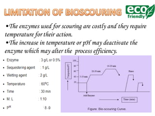 •The enzymes used for scouring are costly and they require
temperature for their action.
•The increase in temperature or pH may deactivate the
enzyme which may alter the process efficiency.
 