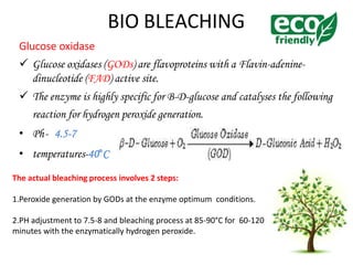 BIO BLEACHING
Glucose oxidase
 Glucose oxidases (GODs) are flavoproteins with a Flavin-adenine-
dinucleotide (FAD) active site.
 The enzyme is highly specific for B-D-glucose and catalyses the following
reaction for hydrogen peroxide generation.
• Ph- 4.5-7
• temperatures-40°C
The actual bleaching process involves 2 steps:
1.Peroxide generation by GODs at the enzyme optimum conditions.
2.PH adjustment to 7.5-8 and bleaching process at 85-90°C for 60-120
minutes with the enzymatically hydrogen peroxide.
 