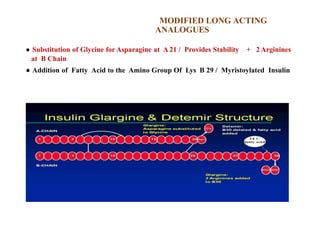 MODIFIED LONG ACTING
ANALOGUES
● Substitution of Glycine for Asparagine at A 21 / Provides Stability + 2 Arginines
at B Chain
● Addition of Fatty Acid to the Amino Group Of Lys B 29 / Myristoylated Insulin
 