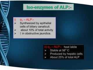 i) α1 – ALP:-
 Synthesized by epithelial
cells of biliary canaliculi.
 about 10% of total activity
 ↑ in obstructive jaundice.
ii) α2 – ALP:- heat labile
 Stable at 56
o
C
 Produced by hepatic cells
 About 25% of total ALP
 