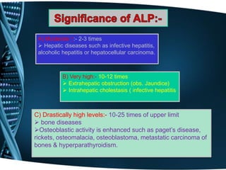 C) Drastically high levels:- 10-25 times of upper limit
 bone diseases
Osteoblastic activity is enhanced such as paget’s disease,
rickets, osteomalacia, osteoblastoma, metastatic carcinoma of
bones & hyperparathyroidism.
A) Moderate ↑:- 2-3 times
 Hepatic diseases such as infective hepatitis,
alcoholic hepatitis or hepatocellular carcinoma.
B) Very high:- 10-12 times
 Extrahepatic obstruction (obs. Jaundice)
 Intrahepatic cholestasis ( infective hepatitis
 