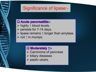 Significance of lipase:-
 highly ↑ blood levels.
 persists for 7-14 days.
 lipase remains ↑ longer than amylase.
 not ↑ in mumps.
 Carcinoma of pancreas
 biliary diseases
 peptic ulcers.
 
