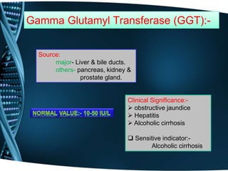 Gamma Glutamyl Transferase (GGT):-
Source:
major- Liver & bile ducts.
others- pancreas, kidney &
prostate gland.
Clinical Significance:-
 obstructive jaundice
 Hepatitis
 Alcoholic cirrhosis
 Sensitive indicator:-
Alcoholic cirrhosis
 