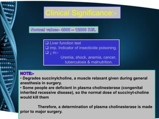 Clinical Significance:-
 Liver function test
 imp. Indicator of insecticide poisoning.
 ↓ in:-
Uremia, shock, anemia, cancer,
tuberculosis & malnutrition.
• Degrades succinylcholine, a muscle relaxant given during general
anesthesia in surgery.
• Some people are deficient in plasma cholinesterase (congenital
inherited recessive disease), so the normal dose of succinyl-choline
would kill them
Therefore, a determination of plasma cholinesterase is made
prior to major surgery.
 