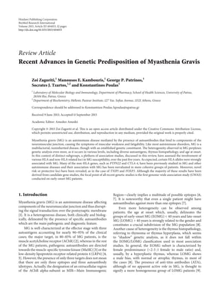 Hindawi Publishing Corporation
BioMed Research International
Volume 2013, Article ID 404053, 12 pages
http://dx.doi.org/10.1155/2013/404053
Review Article
Recent Advances in Genetic Predisposition of Myasthenia Gravis
Zoi Zagoriti,1
Manousos E. Kambouris,1
George P. Patrinos,1
Socrates J. Tzartos,1,2
and Konstantinos Poulas1
1
Laboratory of Molecular Biology and Immunology, Department of Pharmacy, School of Health Sciences, University of Patras,
26504 Rio, Patras, Greece
2
Department of Biochemistry, Hellenic Pasteur Institute, 127 Vas. Sofias Avenue, 11521 Athens, Greece
Correspondence should be addressed to Konstantinos Poulas; kpoulas@upatras.gr
Received 9 June 2013; Accepted 11 September 2013
Academic Editor: Amedeo Amedei
Copyright © 2013 Zoi Zagoriti et al. This is an open access article distributed under the Creative Commons Attribution License,
which permits unrestricted use, distribution, and reproduction in any medium, provided the original work is properly cited.
Myasthenia gravis (MG) is an autoimmune disease mediated by the presence of autoantibodies that bind to components of the
neuromuscular junction, causing the symptoms of muscular weakness and fatigability. Like most autoimmune disorders, MG is a
multifactorial, noninherited disease, though with an established genetic constituent. The heterogeneity observed in MG perplexes
genetic analysis even more, as it occurs in various levels, including diverse autoantigens, thymus histopathology, and age at onset.
In this context of distinct subgroups, a plethora of association studies, discussed in this review, have assessed the involvement of
various HLA and non-HLA related loci in MG susceptibility, over the past five years. As expected, certain HLA alleles were strongly
associated with MG. Many of the non-HLA genes, such as PTPN22 and CTLA-4, have been previously studied in MG and other
autoimmune diseases and their association with MG has been reevaluated in more cohesive groups of patients. Moreover, novel
risk or protective loci have been revealed, as in the case of TNIP1 and FOXP3. Although the majority of these results have been
derived from candidate gene studies, the focal point of all recent genetic studies is the first genome-wide association study (GWAS)
conducted on early-onset MG patients.
1. Introduction
Myasthenia gravis (MG) is an autoimmune disease affecting
components of the neuromuscular junction and thus disrupt-
ing the signal transduction over the postsynaptic membrane
[1]. It is a heterogeneous disease, both clinically and biolog-
ically, delineated by the presence of specific autoantibodies
which are the main pathogenic and diagnostic feature.
MG is well-characterized at the effector stage with three
autoantigens accounting for nearly 90–95% of the clinical
cases; the major target, in 80–85% of MG patients, is the
muscle acetylcholine receptor (AChR) [2], whereas in the rest
of the MG patients, pathogenic autoantibodies are directed
towards the muscle-specific tyrosine kinase (MuSK) [3] or the
low-density lipoprotein receptor-related protein 4 (LRP4) [4,
5]. However, the presence of only three targets does not mean
that there are only three epitopes and three autoantibody
idiotypes. Actually, the designation of an extracellular region
of the AChR alpha-subunit as MIR—Main Immunogenic
Region—clearly implies a multitude of possible epitopes [6,
7]. It is noteworthy that even a single patient might have
autoantibodies against more than one epitopes [7].
Even more heterogeneity can be observed among
patients; the age at onset which, usually, delineates the
groups of early-onset MG (EOMG) < 40 years and late-onset
MG (LOMG) > 40 years is strongly related to the gender and
constitutes a crucial subdivision of the MG population [8].
Another cause of heterogeneity is the thymus histopathology,
referring to thymoma or thymus hyperplasia, which seems
to “shadow” genetic analysis, as it does not fall within
the EOMG/LOMG classification used in most association
studies. In general, the EOMG subset is characterized by
female predominance (∼2-3 : 1 female to male ratio) and,
usually, by a hyperplastic thymus, whereas LOMG shows
a male bias, with normal or atrophic thymus, in most of
the cases [8]. The presence of anti-titin antibodies (ATA),
although of no apparent active role in MG, is thought to
signify a more homogeneous group of LOMG patients [9].
 