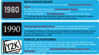 REVOLUTIONARY DECADE
• In 1985 Kretztechnic produced the first practical endovaginal mechanical
sector
• By 1985, Aloka had incorporated colour Doppler imaging (originally called
colour flow mapping) into their real time equipment.
• In 1984 Early studies on 3D imaging began in Japan by Kazunon Baba
• TVS allowed greater discrimination between benign and malignant masses.
Sassone and Timor Tritch first described a scoring system.
• Third generation 530D Voluson convinced the world that 3D/4D ultrasound
had a major role to play in both obstetrical and gynaecological imaging.
• Transvaginal ultrasound has proved to be reliable in assessing ovarian reserve
through measurement of the antral follicle count which was first described by
Reuss and colleagues in 1996
PHASE OF 3D ADVANCEMENT
• The modern real time scanning machine with high resolution abdominal and
endovaginal transducers, harmonic imaging, colour and power Doppler facilities
with a 3D/4D option was on the market by the year 2000
• 3D software that generates automated follicle volume measurement
(SonoAVC) permits faster measurement of AFC and tracking of follicular growth
during and an IVF cycle
 