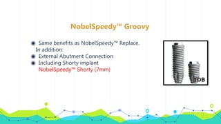NobelSpeedy™ Groovy
◉ Same benefits as NobelSpeedy™ Replace.
In addition:
◉ External Abutment Connection
◉ Including Shorty implant
NobelSpeedy™ Shorty (7mm)
 