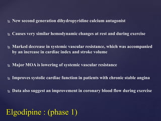  New second generation dihydropyridine calcium antagonist
 Causes very similar hemodynamic changes at rest and during exercise
 Marked decrease in systemic vascular resistance, which was accompanied
by an increase in cardiac index and stroke volume
 Major MOA is lowering of systemic vascular resistance
 Improves systolic cardiac function in patients with chronic stable angina
 Data also suggest an improvement in coronary blood flow during exercise
Elgodipine : (phase 1)
 