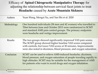 Efficacy of Spinal Chiropractic Manipulative Therapy for
adjusting the relationship between cervical facet joints to treat
Headache caused by Acute Mountain Sickness
6/1/2021
Recent Advances in manipulative
medicine
13
Authors Yuan Wang, Mengzi Xu, and Yan Shi et al. 2020
Methodology One hundred individuals (58 men and 42 women) who travelled to
Tibet between June and October 2015 were randomized to SCMT
and standard AMS pain control groups. The primary endpoints
were headache and vertigo improvement.
Results The two groups showed significantly improved VAS pain scores.
The SCMT group showed higher baseline VAS scores compared
with controls, but lower VAS scores at 30 minutes. Improvements
were also noted in dizziness, blood pressure, and oxygen saturation.
Conclusion SCMT can be used to relieve AMS-induced headache, dizziness,
blood pressure, and oxygen saturation of people traveling rapidly to
high altitudes. SCMT may be suitable for the management of AMS
for patients who want to avoid drugs and oxygen inhalation.
 
