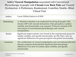 Active Visceral Manipulation associated with Conventional
Physiotherapy in people with Chronic Low Back Pain and Visceral
Dysfunction: A Preliminary, Randomized, Contolled, Double- Blind
Clincal Trial
6/1/2021
Recent Advances in manipulative
medicine
37
Authors Lucas Villalta Santos et al 2018
Methodology A blinded evaluation was conducted involving 20 people with
chronic LBP with visceral dysfunction. Pain perception, Lumbar
mobility and functionality was assessed. Protocol consisted of 50
min session of conventional physiotherapy and visceral
manipulation.
Results Significant improvements were found in the experimental group for
lumbar mobility and specific functionality. (p<.05) There were no
significant differences for pain perception and global functionality.
Conclusion The combination of visceral manipulation and conventional physical
therapy program demonstrated significant between-groups
differences over time for lumbar spine mobility and specific
functionality.
 