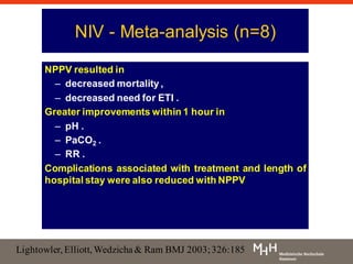 NIV - Meta-analysis (n=8)
NPPV resulted in
– decreased mortality ,
– decreased need for ETI .
Greater improvements within 1 hour in
– pH .
– PaCO2 .
– RR .
Complications associated with treatment and length of
hospital stay were also reduced with NPPV
Lightowler, Elliott, Wedzicha& Ram BMJ 2003;326:185
 