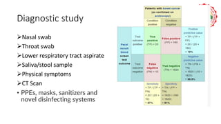 Diagnostic study
➢Nasal swab
➢Throat swab
➢Lower respiratory tract aspirate
➢Saliva/stool sample
➢Physical symptoms
➢CT Scan
• PPEs, masks, sanitizers and
novel disinfecting systems
 