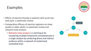Examples
• Effects of exercise therapy in patients with acute low
back pain: a systematic review
• Comparative efficacy of exercise regimens on sleep
quality in older adults: A systematic review and
network meta-analysis
• Network meta-analysis is a technique for
comparing multiple treatments simultaneously in
a single analysis by combining direct and indirect
evidence within a network of randomized
controlled trials
 