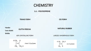 CHEMISTRY
1,4, - POLYISOPRENE
TRANS FORM CIS FORM
GUTTA PERCHA NATURAL RUBBER
~ 60% CRYSTALLINE FORM LARGELY AMORPHOUS FORM
-Harder
-Less elastic
-Brittle
 