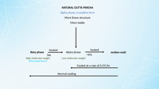 NATURAL GUTTA PERCHA
Alpha phase crystalline form
More linear structure
More stable
Alpha phase molten melt
Cooled at a rate of 0.50
C/hr
Normal cooling
Beta phase
heated
>65c
High molecular weight Low molecular weight
heated
56c
(Processed form)
 