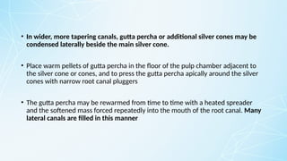 • In wider, more tapering canals, gutta percha or additional silver cones may be
condensed laterally beside the main silver cone.
• Place warm pellets of gutta percha in the floor of the pulp chamber adjacent to
the silver cone or cones, and to press the gutta percha apically around the silver
cones with narrow root canal pluggers
• The gutta percha may be rewarmed from time to time with a heated spreader
and the softened mass forced repeatedly into the mouth of the root canal. Many
lateral canals are filled in this manner
 