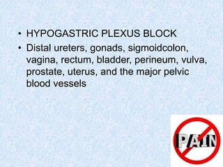 • HYPOGASTRIC PLEXUS BLOCK
• Distal ureters, gonads, sigmoidcolon,
vagina, rectum, bladder, perineum, vulva,
prostate, uterus, and the major pelvic
blood vessels
 