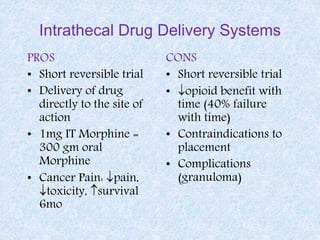 Intrathecal Drug Delivery Systems
PROS
• Short reversible trial
• Delivery of drug
directly to the site of
action
• 1mg IT Morphine =
300 gm oral
Morphine
• Cancer Pain: pain,
toxicity, survival
6mo
CONS
• Short reversible trial
• opioid benefit with
time (40% failure
with time)
• Contraindications to
placement
• Complications
(granuloma)
 