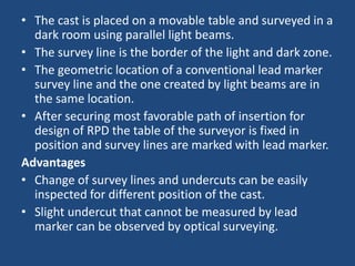 • The cast is placed on a movable table and surveyed in a
dark room using parallel light beams.
• The survey line is the border of the light and dark zone.
• The geometric location of a conventional lead marker
survey line and the one created by light beams are in
the same location.
• After securing most favorable path of insertion for
design of RPD the table of the surveyor is fixed in
position and survey lines are marked with lead marker.
Advantages
• Change of survey lines and undercuts can be easily
inspected for different position of the cast.
• Slight undercut that cannot be measured by lead
marker can be observed by optical surveying.
 