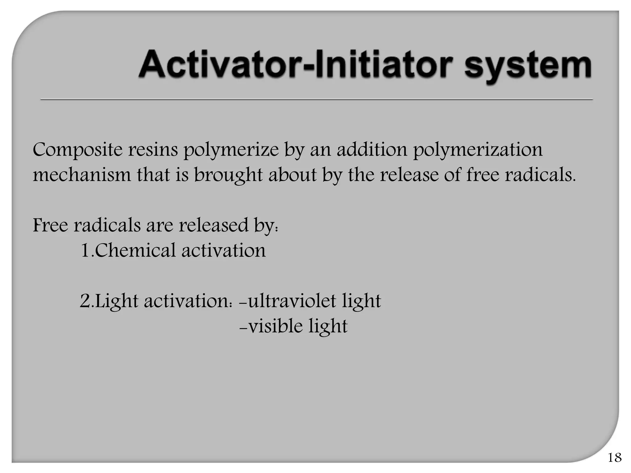 18
Composite resins polymerize by an addition polymerization
mechanism that is brought about by the release of free radicals.
Free radicals are released by:
1.Chemical activation
2.Light activation: -ultraviolet light
-visible light
 