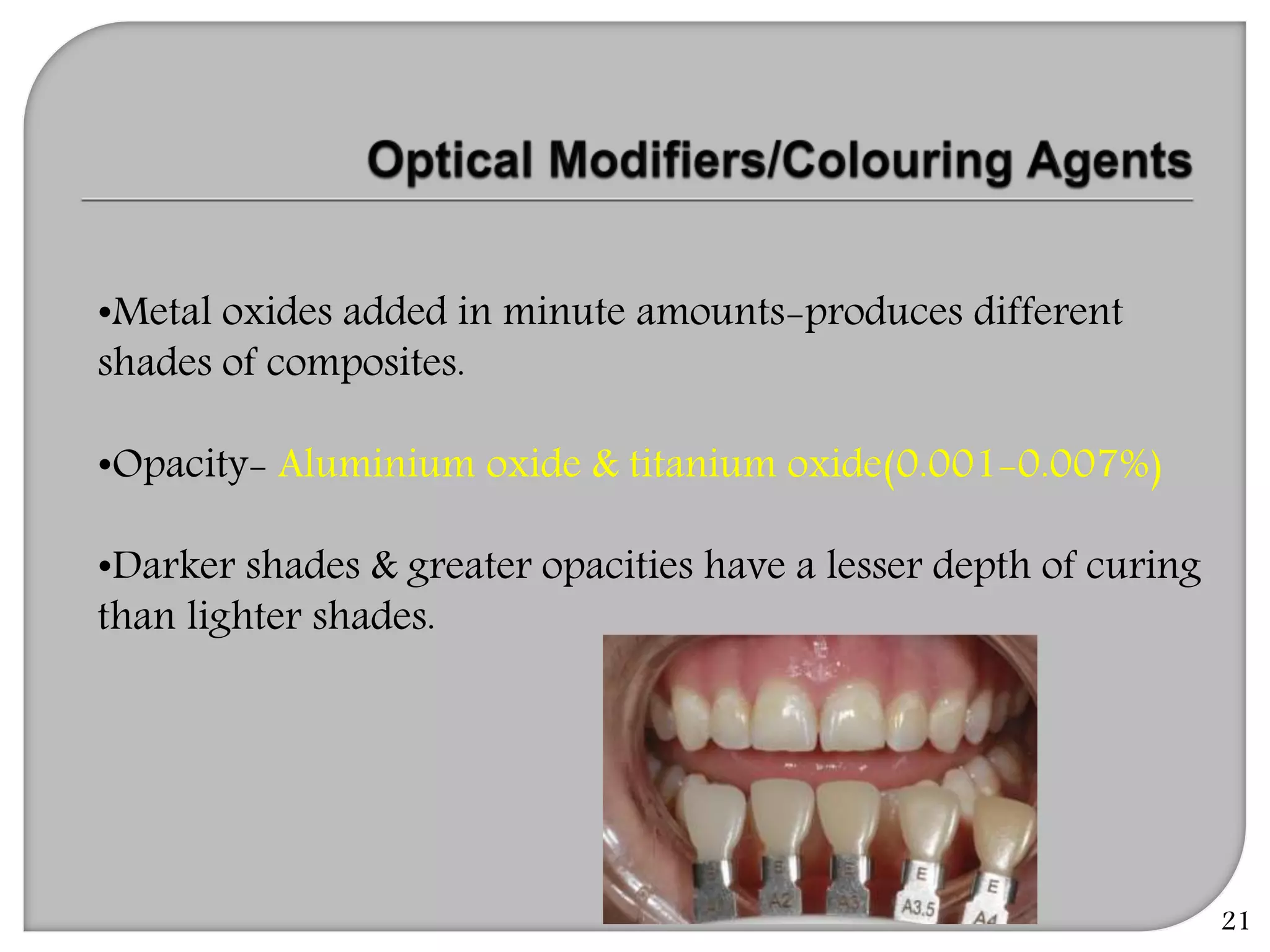 21
•Metal oxides added in minute amounts-produces different
shades of composites.
•Opacity- Aluminium oxide & titanium oxide(0.001-0.007%)
•Darker shades & greater opacities have a lesser depth of curing
than lighter shades.
 