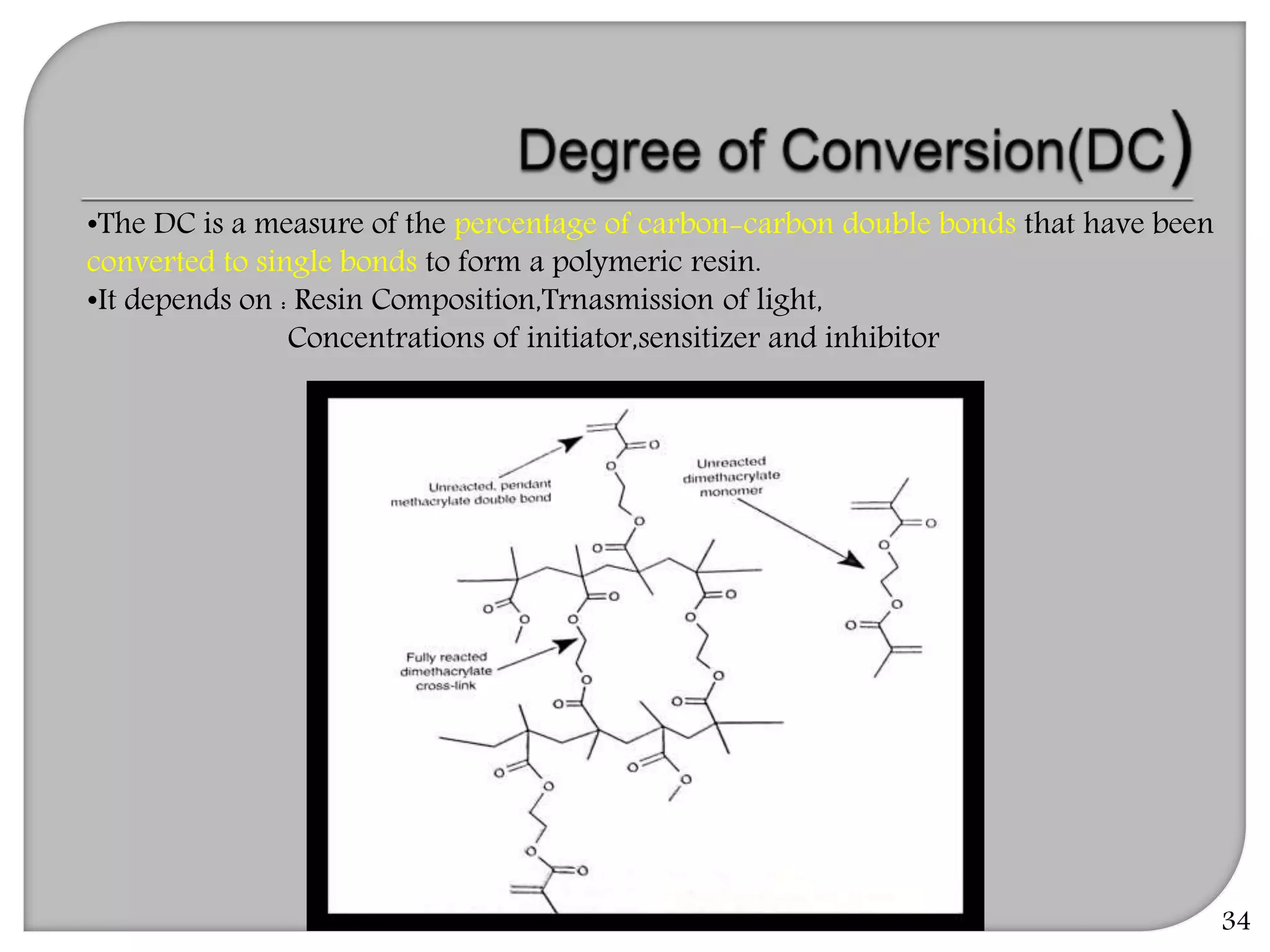 34
•The DC is a measure of the percentage of carbon-carbon double bonds that have been
converted to single bonds to form a polymeric resin.
•It depends on : Resin Composition,Trnasmission of light,
Concentrations of initiator,sensitizer and inhibitor
 