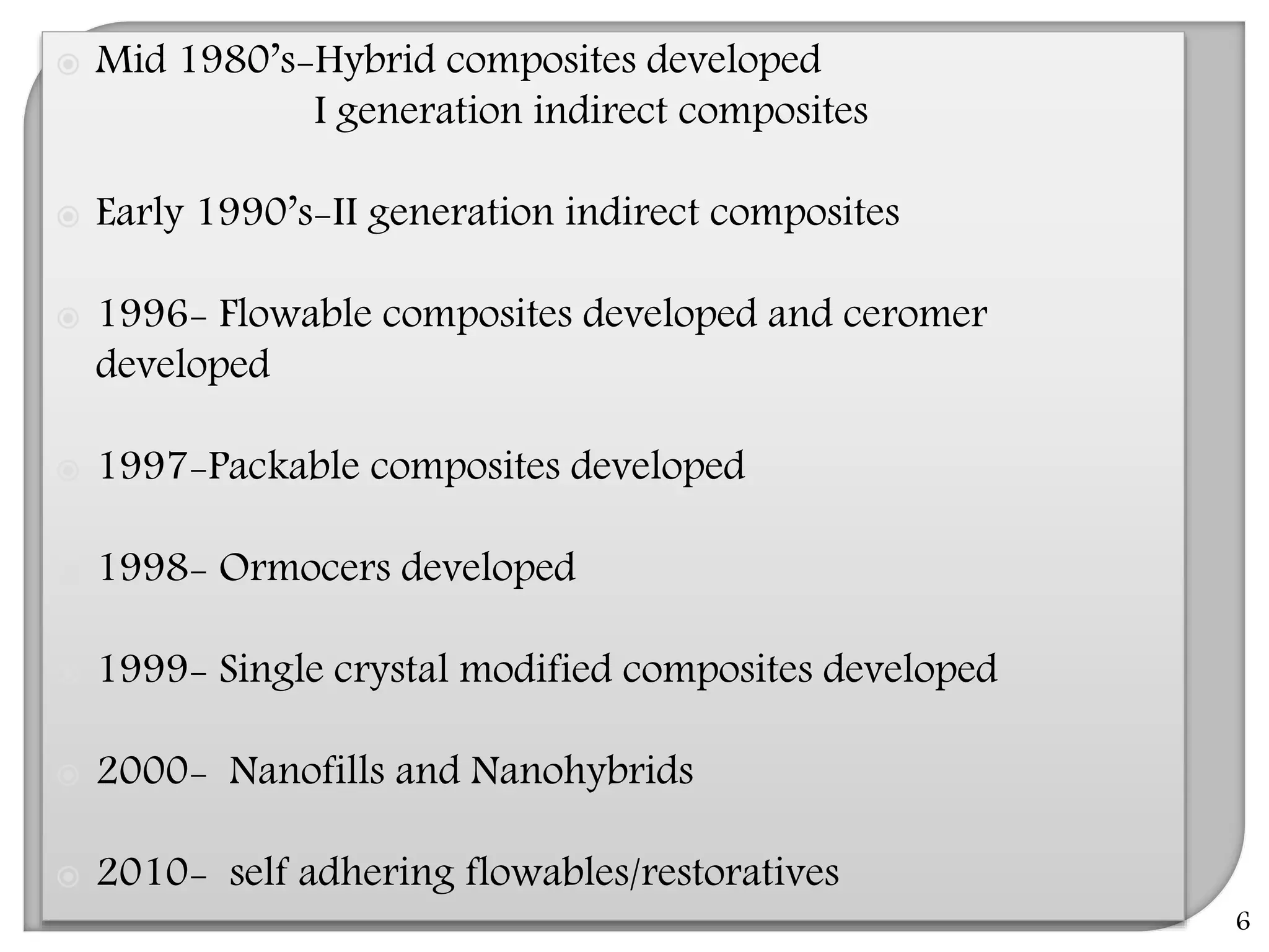 6
 Mid 1980’s-Hybrid composites developed
I generation indirect composites
 Early 1990’s-II generation indirect composites
 1996- Flowable composites developed and ceromer
developed
 1997-Packable composites developed
 1998- Ormocers developed
 1999- Single crystal modified composites developed
 2000- Nanofills and Nanohybrids
 2010- self adhering flowables/restoratives
 