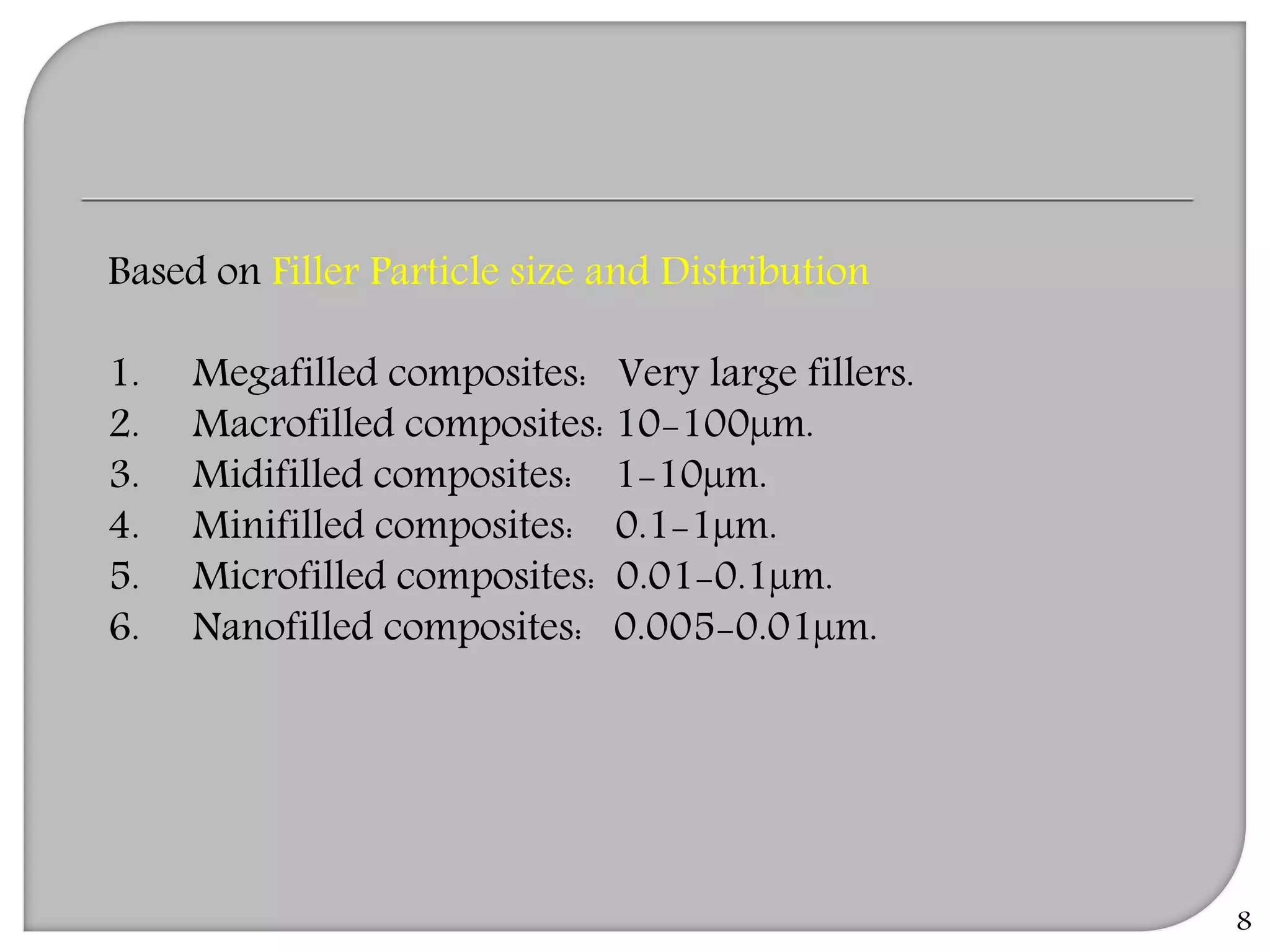 8
Based on Filler Particle size and Distribution
1. Megafilled composites: Very large fillers.
2. Macrofilled composites: 10-100µm.
3. Midifilled composites: 1-10µm.
4. Minifilled composites: 0.1-1µm.
5. Microfilled composites: 0.01-0.1µm.
6. Nanofilled composites: 0.005-0.01µm.
 