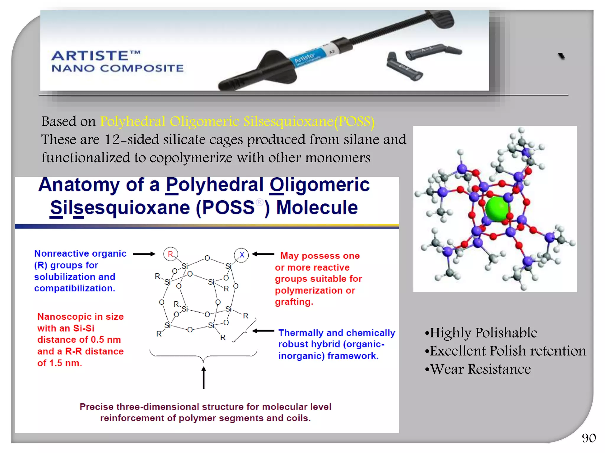 90
Based on Polyhedral Oligomeric Silsesquioxane(POSS)
These are 12-sided silicate cages produced from silane and
functionalized to copolymerize with other monomers
•Highly Polishable
•Excellent Polish retention
•Wear Resistance
 