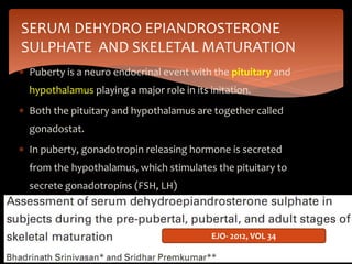  Puberty is a neuro endocrinal event with the pituitary and
hypothalamus playing a major role in its initation.
 Both the pituitary and hypothalamus are together called
gonadostat.
 In puberty, gonadotropin releasing hormone is secreted
from the hypothalamus, which stimulates the pituitary to
secrete gonadotropins (FSH, LH)
SERUM DEHYDRO EPIANDROSTERONE
SULPHATE AND SKELETAL MATURATION
EJO- 2012, VOL 34
 