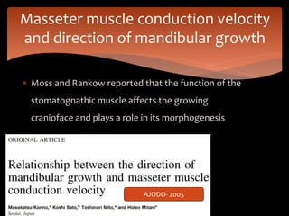  Moss and Rankow reported that the function of the
stomatognathic muscle affects the growing
cranioface and plays a role in its morphogenesis
Masseter muscle conduction velocity
and direction of mandibular growth
AJODO- 2005
 