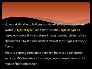  Human skeletal muscle ﬁbers are classiﬁed into 2 types—-fast-
twitch (F type or type 1) and slow twitch (S type or type 2) —
based on contractility and tissue images, and muscle function is
characterized by the composition ratio of these types of muscle
ﬁbers.
 There is a strong correlation between the muscle conduction
velocity (MCV) measured by using an electromyogram and the
muscle ﬁber composition,
 
