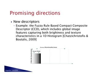     New descriptors
              ◦  Example: the Fuzzy Rule Based Compact Composite
                 Descriptor (CCD), which includes global image
                 features capturing both brightness and texture
                 characteristics in a 1D Histogram [Chatzichristofis &
                 Boutalis, 2009]




Klagenfurt - June 2010
 