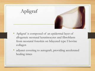 Apligraf
• Apligraf is composed of an epidermal layer of
allogeneic neonatal keratinocytes and fibroblasts
from neonatal foreskin on bilayered type I bovine
collagen
• adjunct covering to autograft, providing accelerated
healing times
 